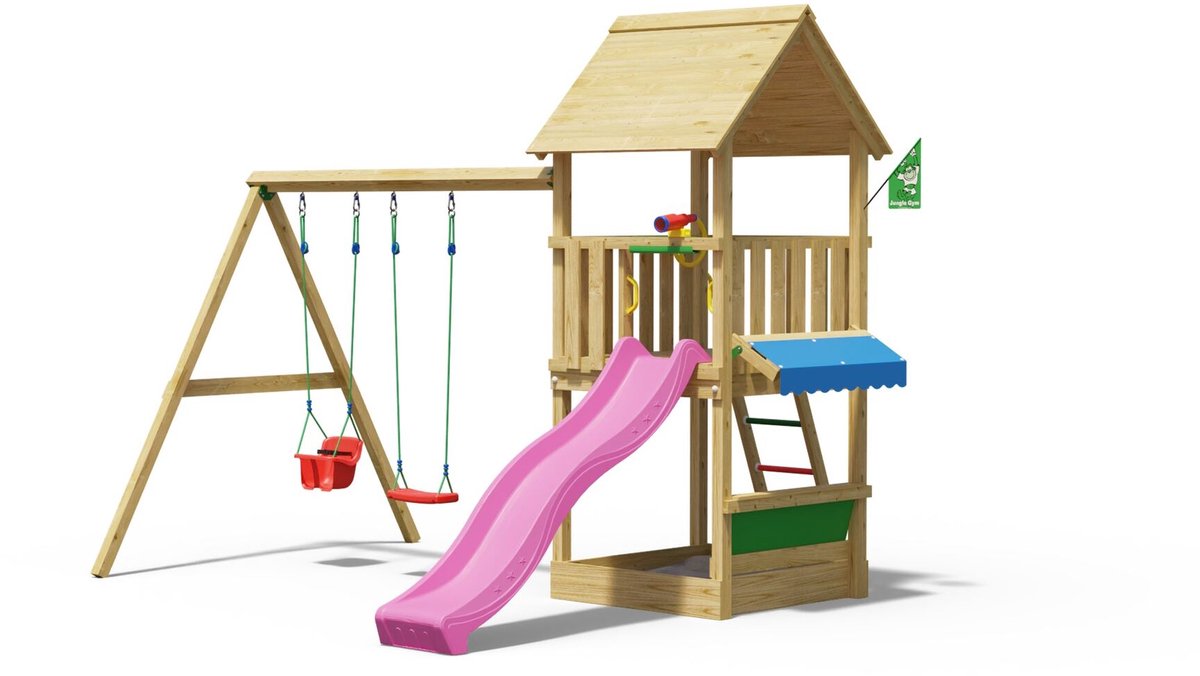   speeltoestel van grenen hout - Jungle Suite met roze glijbaan - Tuin speeltoestel voor buiten met zandbak en schommels