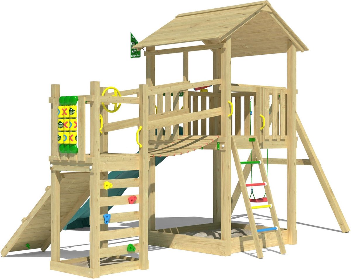   speeltoestel van grenen hout - Jungle Summit met donkergroene glijbaan - Tuin speeltoestel voor buiten met zandbak, schommel en klimhelling
