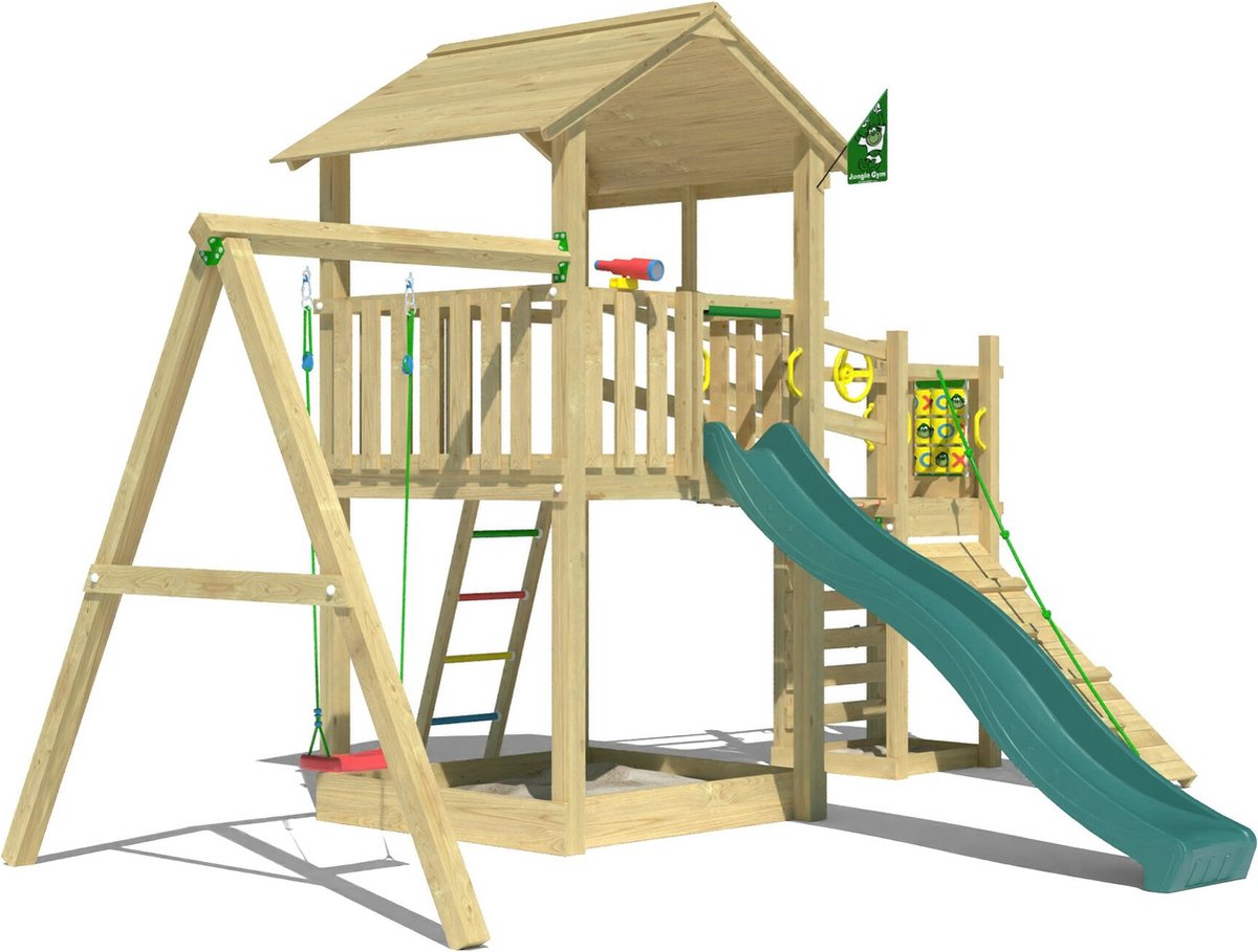   speeltoestel van grenen hout - Jungle Summit met gele glijbaan - Tuin speeltoestel voor buiten met zandbak, schommel en klimhelling