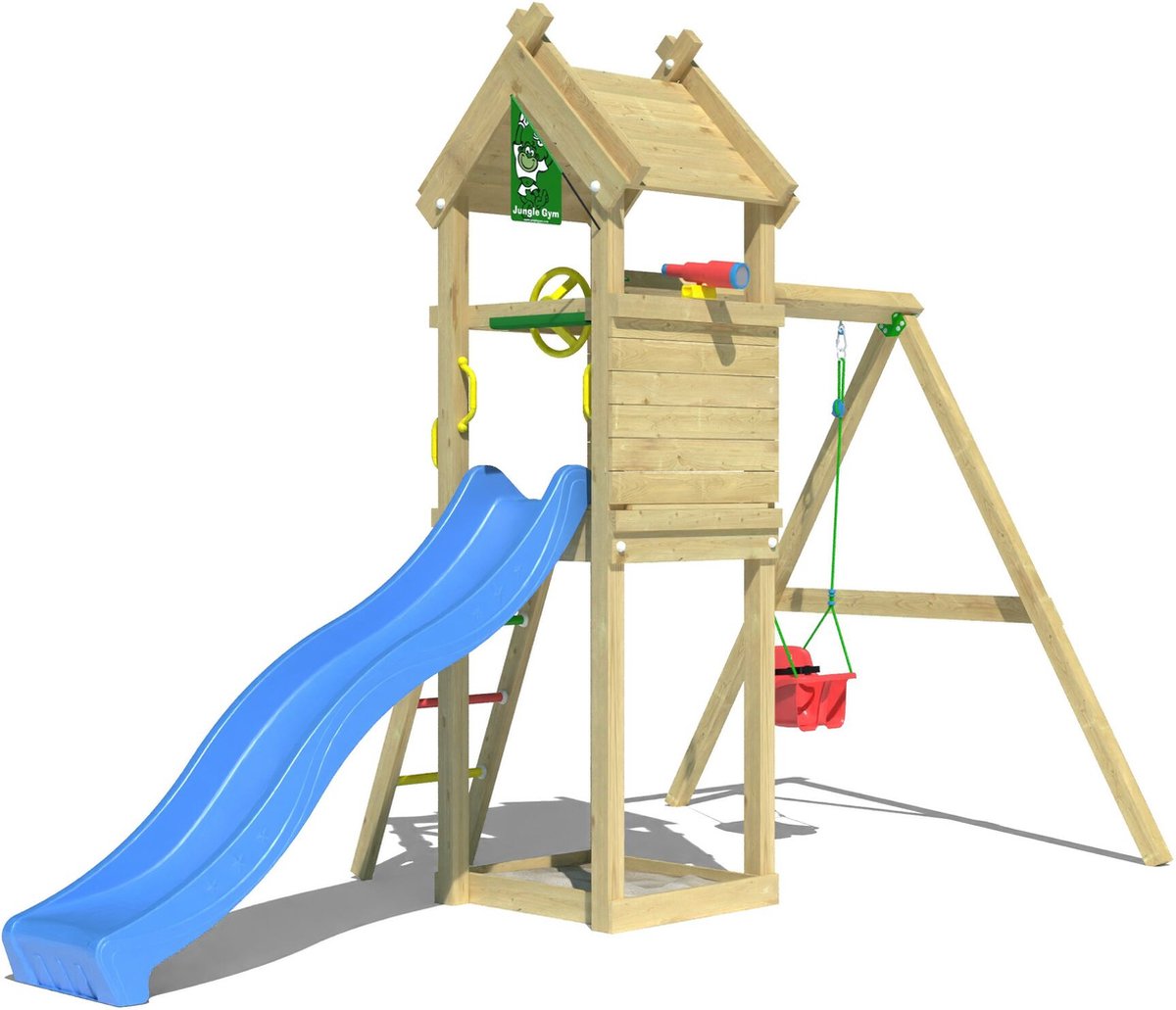   speeltoestel van grenen hout - Jungle Tent met blauwe glijbaan - Tuin speeltoestel voor buiten met zandbak, schommel en speelhuisje