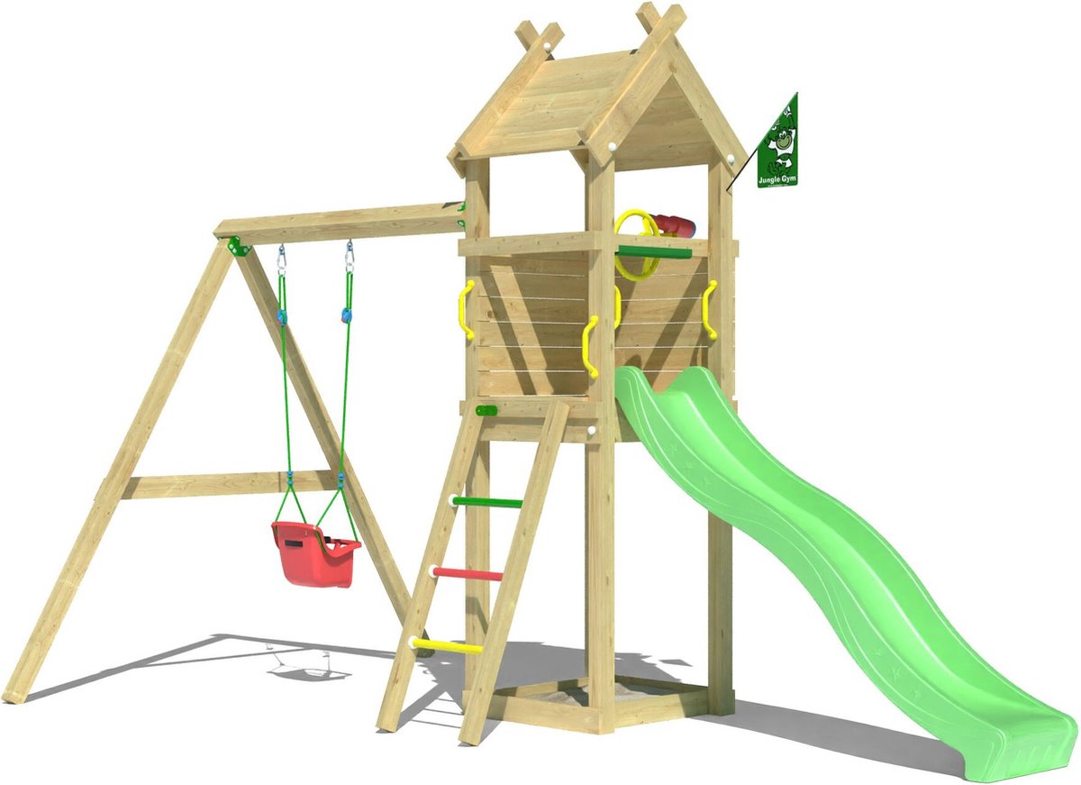   speeltoestel van grenen hout - Jungle Tent met groene glijbaan - Tuin speeltoestel voor buiten met zandbak, schommel en speelhuisje