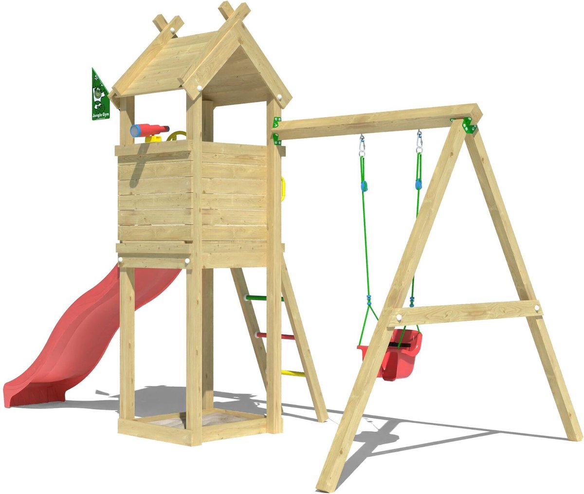   speeltoestel van grenen hout - Jungle Tent met rode glijbaan - Tuin speeltoestel voor buiten met zandbak, schommel en speelhuisje