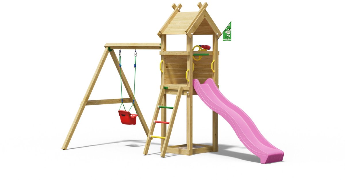  speeltoestel van grenen hout - Jungle Tent met roze glijbaan - Tuin speeltoestel voor buiten met zandbak, schommel en speelhuisje