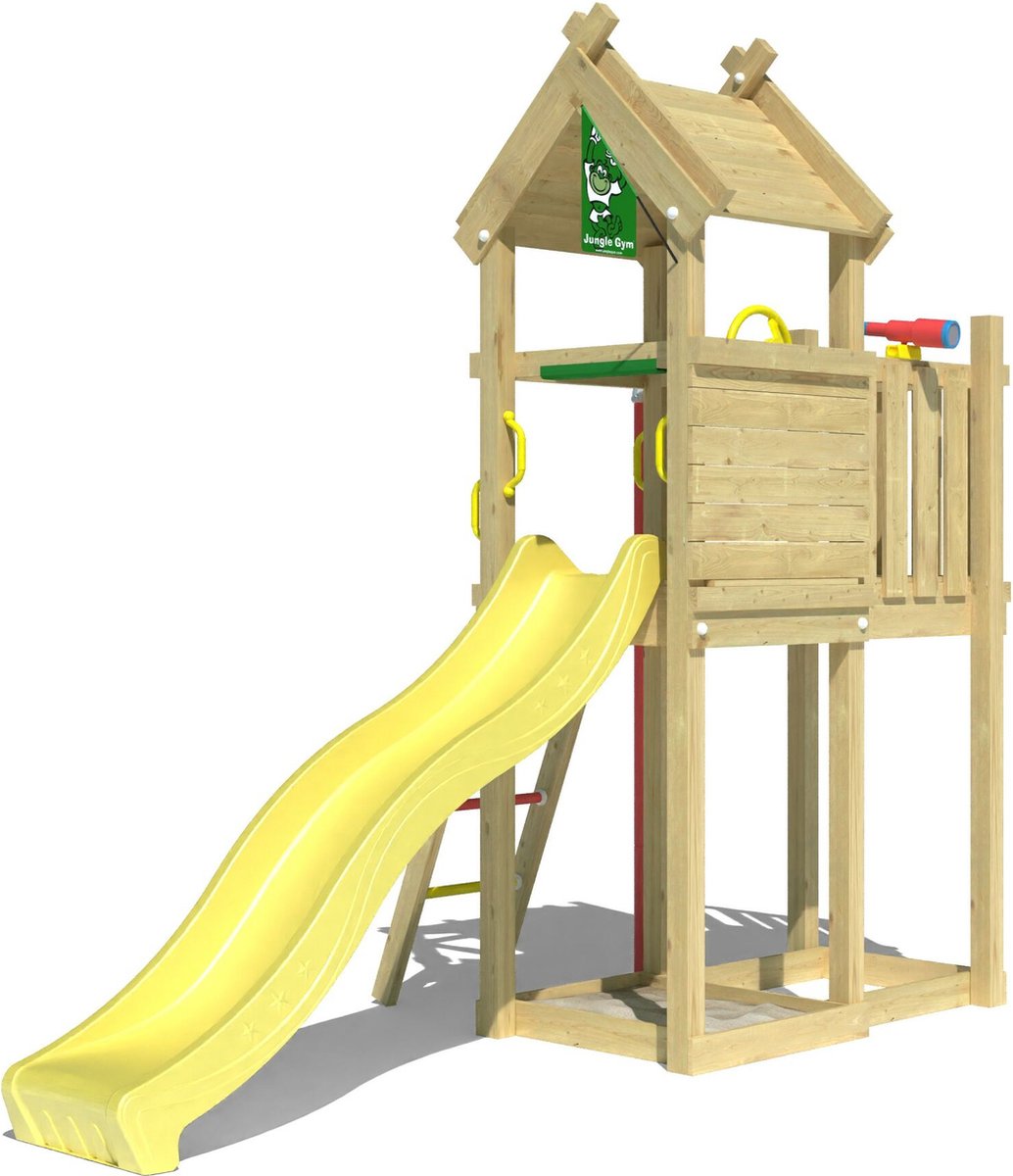   speeltoestel van grenen hout - Jungle Tiki met gele glijbaan - Tuin speeltoestel voor buiten met zandbak, brandweerpaal en klimladder