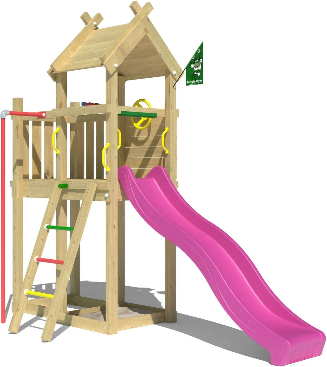   speeltoestel van grenen hout - Jungle Tiki met roze glijbaan - Tuin speeltoestel voor buiten met zandbak, brandweerpaal en klimladder