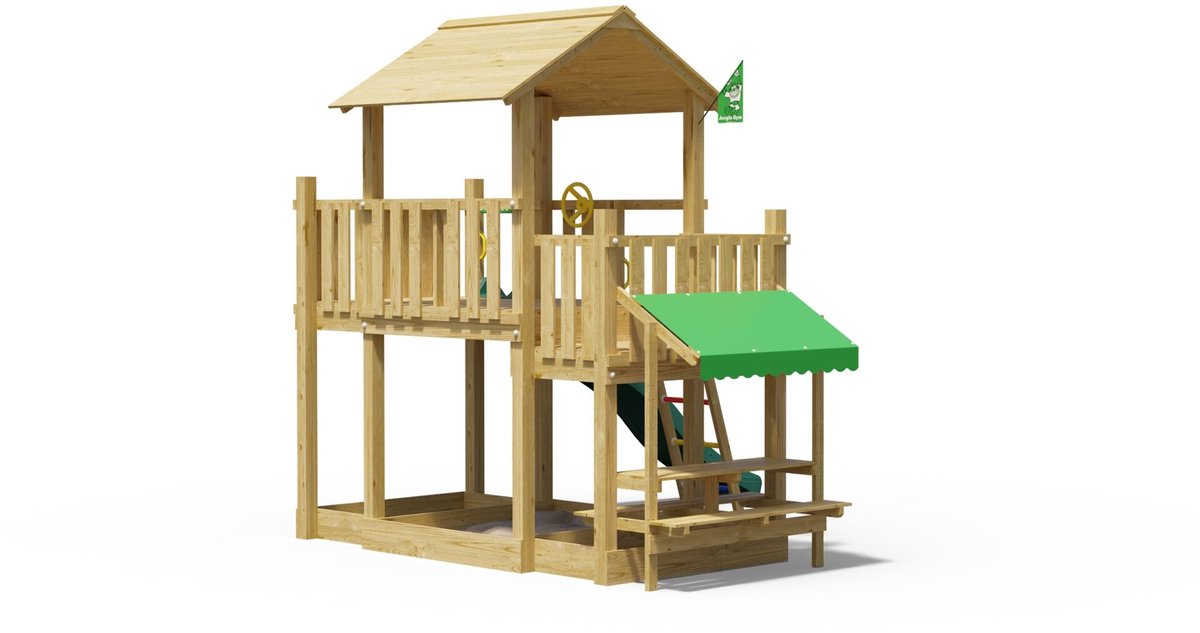   speeltoestel van grenen hout - Jungle Valley met donkergroene glijbaan - Tuin speeltoestel voor buiten met zandbak, picknicktafel en klimladder