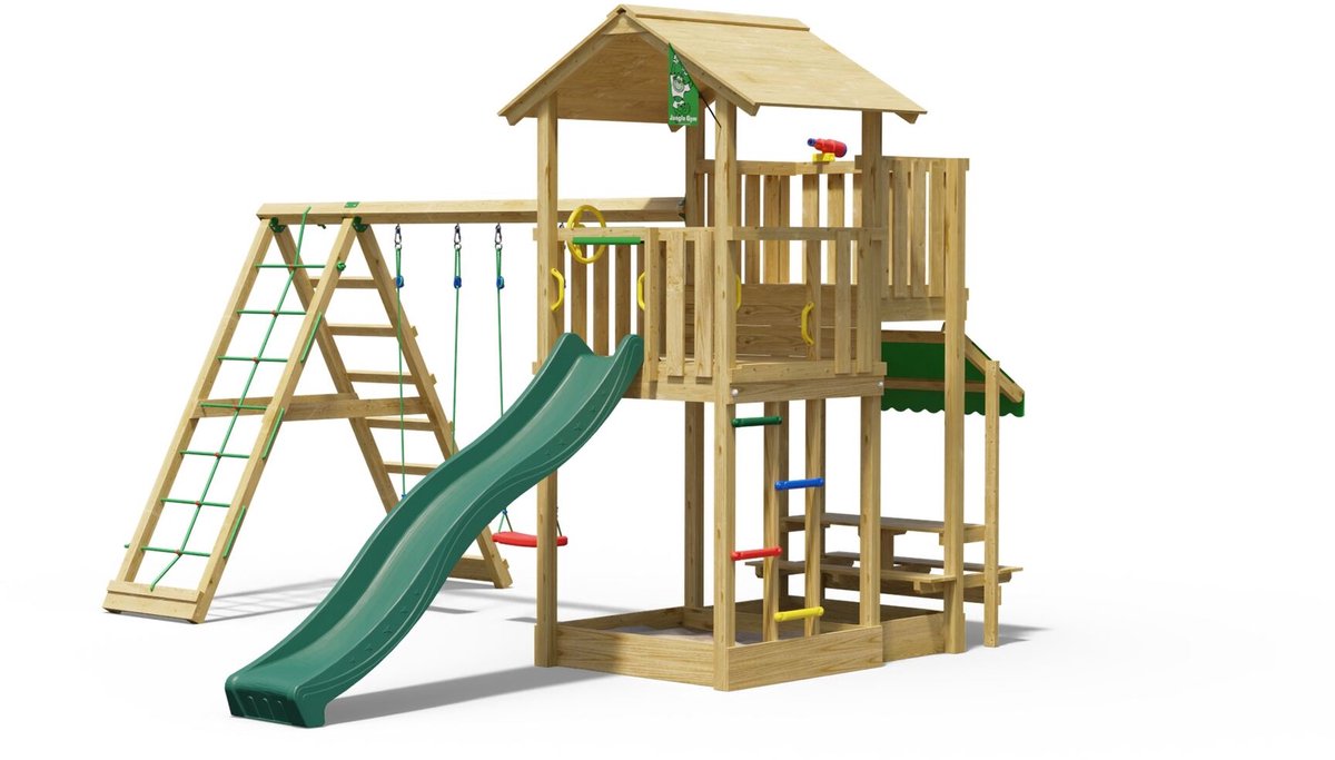   speeltoestel van grenen hout - Jungle Veranda met donkergroene glijbaan - Tuin speeltoestel voor buiten met zandbak, schommels en klimnet
