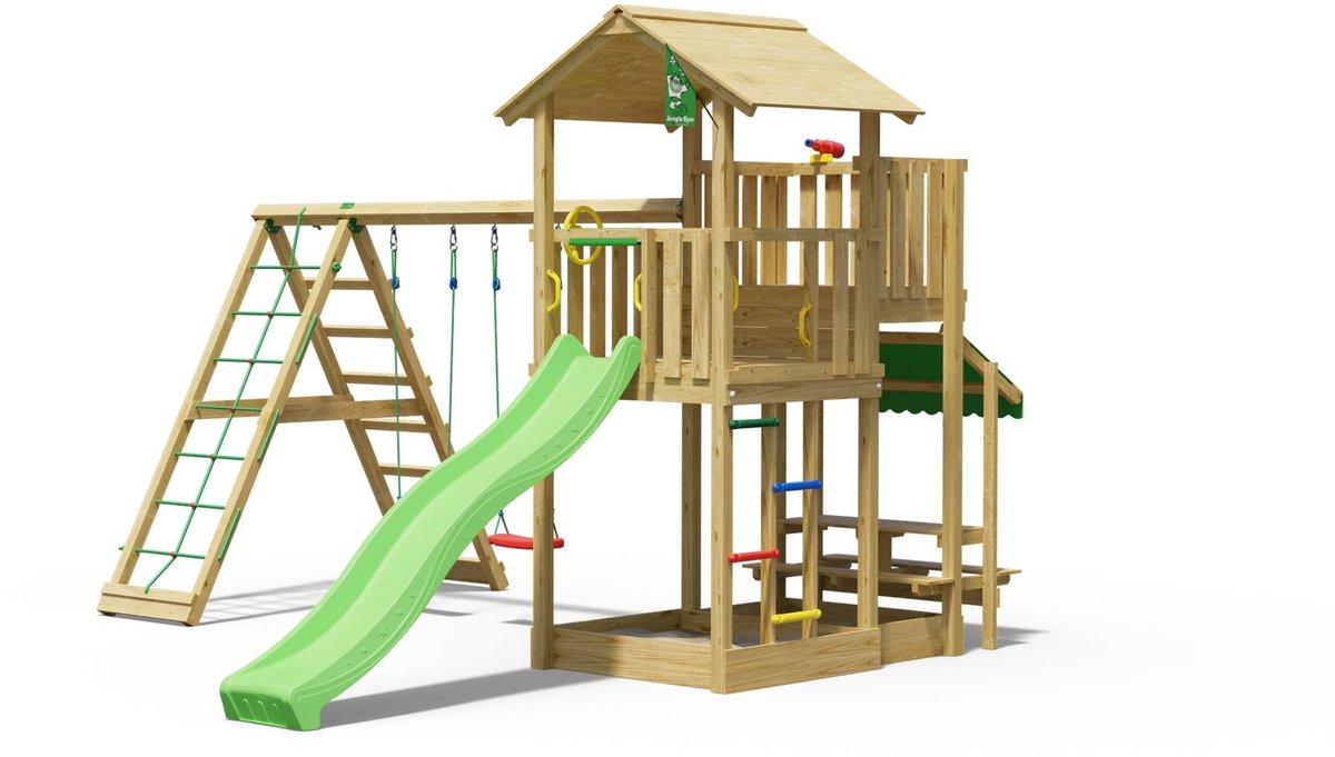   speeltoestel van grenen hout - Jungle Veranda met groene glijbaan - Tuin speeltoestel voor buiten met zandbak, schommels en klimnet