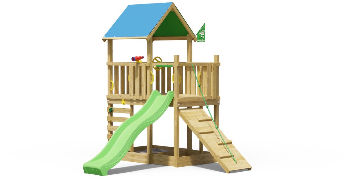   speeltoestel van grenen hout - Jungle Wonder met groene glijbaan - Tuin speeltoestel voor buiten met zandbak, klimhelling en klimwand