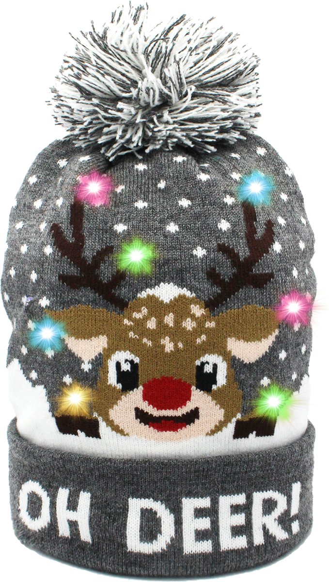 JAP Kerstmuts met lichtjes - Beanie met kerst verlichting - Rudolf - Oh deer - Grijs