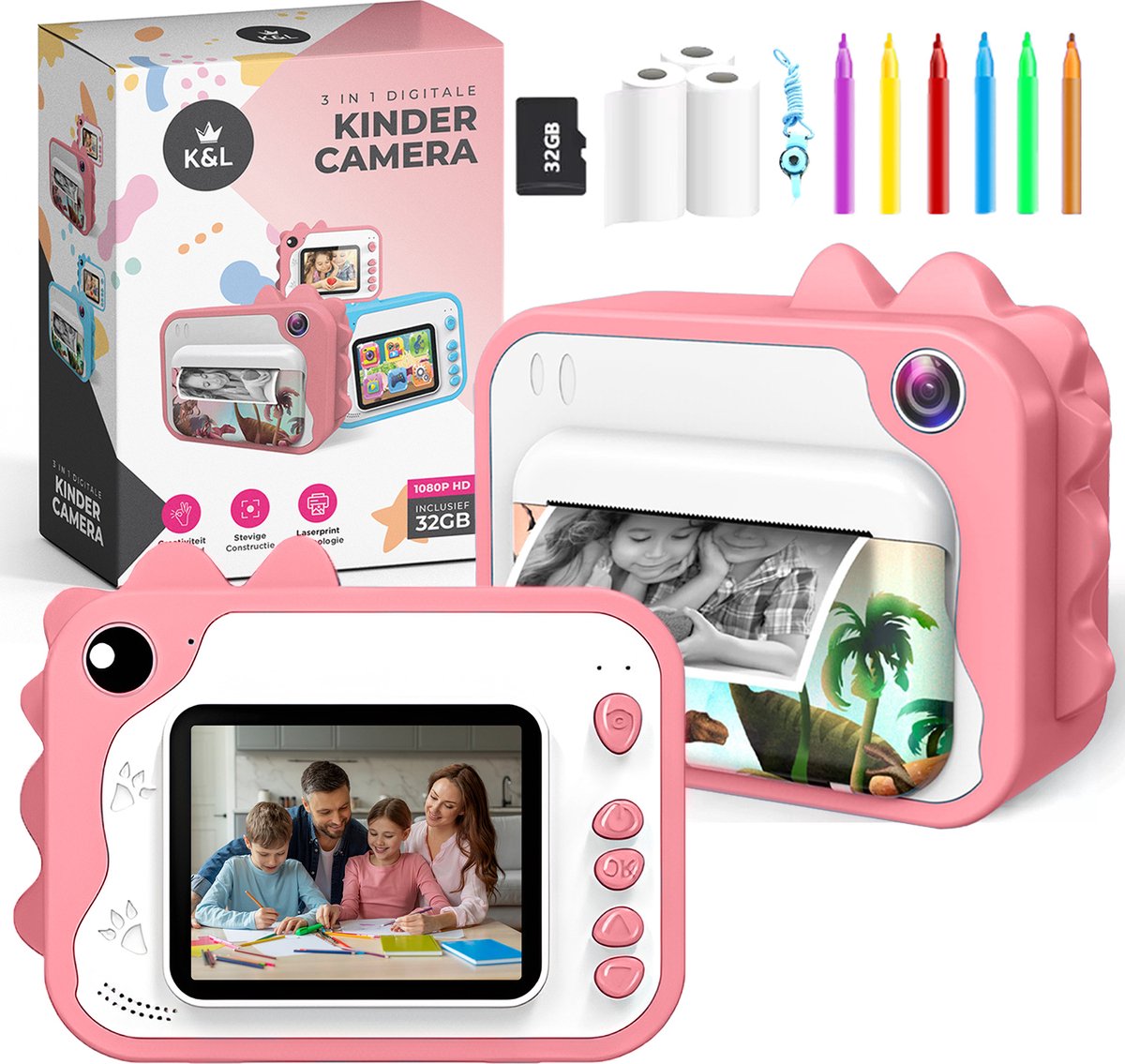  ® 3 IN 1 Digitale Kindercamera + Instant print + speelcamera - 32GB micro sd kaart - camera kinderen - Vlogcamera met games - Fototoestel voor Kinderen - Klein Formaat Speelgoed - Met videofunctie - Roze