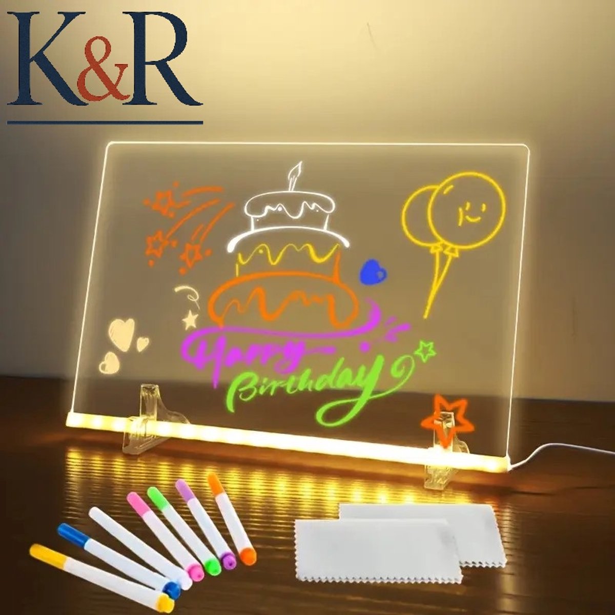 K&R Ventures® Acryl LED Lamp Tekenbord – 20x30 cm (A4) – USB Oplaadbaar Memobord & Notitiebord met 7 Markers – Verlicht Schrijfbord & Nachtlamp