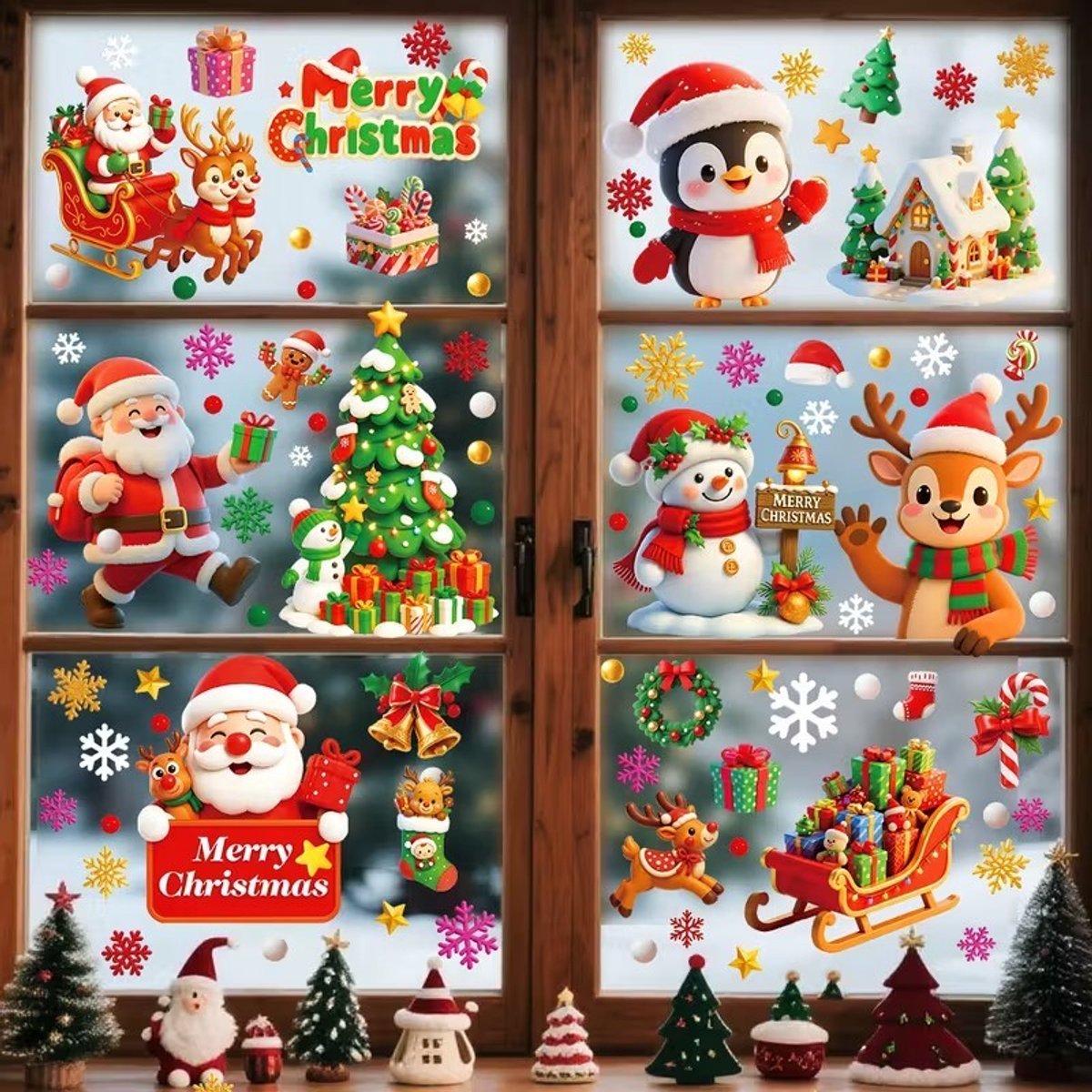 K&R Ventures® Kerst Raamstickers – 112 delige Set – Herbruikbare PVC Statische Stickers – Voor Binnen & Buiten – Kerstman, Rendier, Kerstboom & Sneeuwhut – Raamdecoratie voor Feestdagen – 19,3x29,5 cm