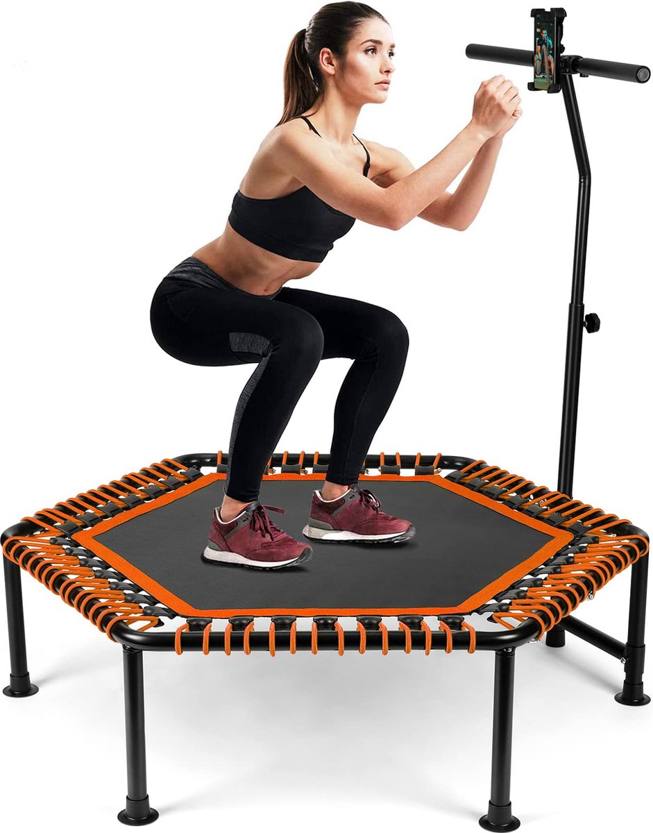 K IKIDO Trampoline - Fitness Trampoline 100 kg - Fitness Bounce Trampoline - Kleine Trampoline - Fitnesstrampolines - Inclusief Stang - Opvouwbaar - Sport Trampoline – Houder voor mobiele telefoons