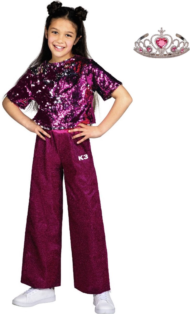 K3 verkleedpak Glitter - pak - verkleedkleding jurk - mt 9-11 jaar + kroontje