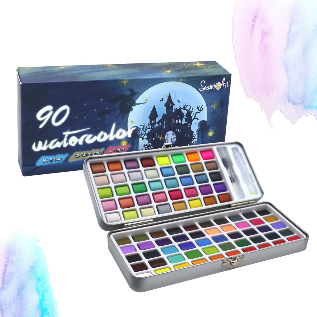 Kamyra® Waterverf Schilder Set - 90 Kleuren Aquarelverf- Tinnen Doos - Aquarel Pen - Metallic - Neon - Schilderen - Hobby - 202x82x33mm