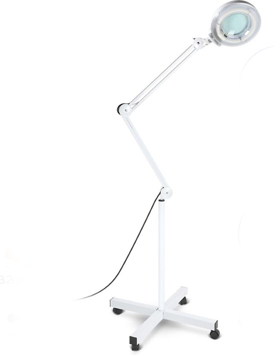 Vergrootglas op Standaard met Wielen - Cosmetische Loeplamp 5x Vergroting - Met Sterke LED Verlichting Ring Lamp - Verstelbaar met Klem op Statief - Dioptrie 5 - Wit, 164 x 61 x 61 cm