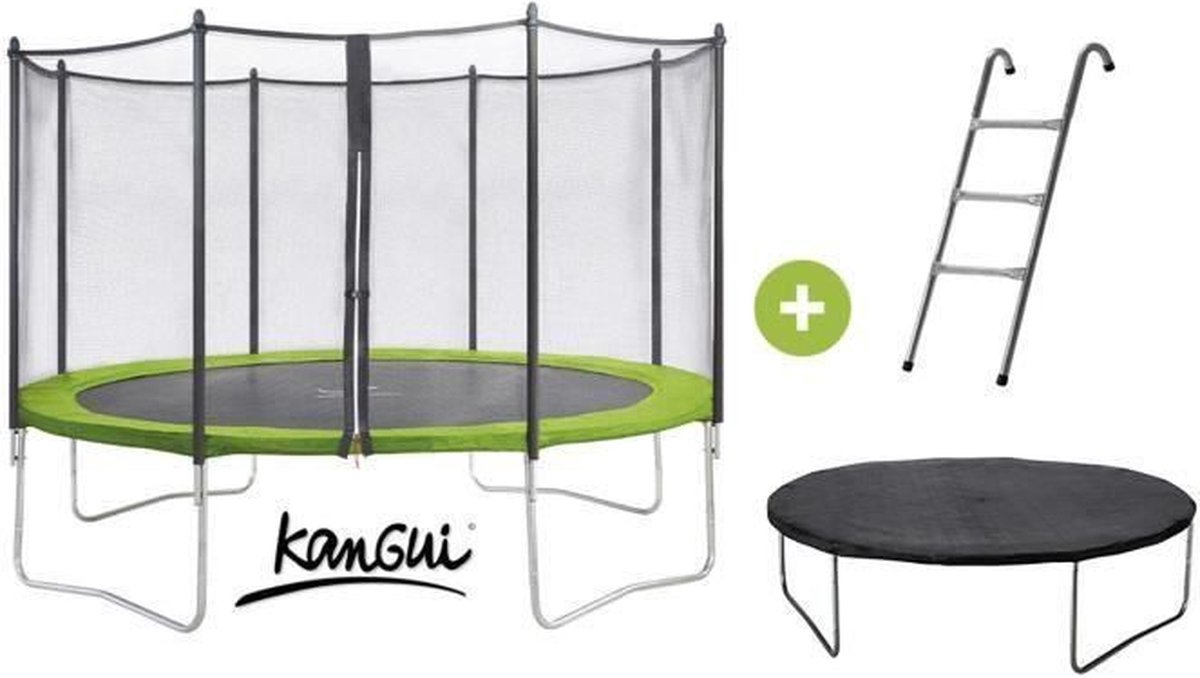 KANGUI TWIN trampoline Ø 360 cm - Groen - met veiligheidsnet, ladder, beschermhoes