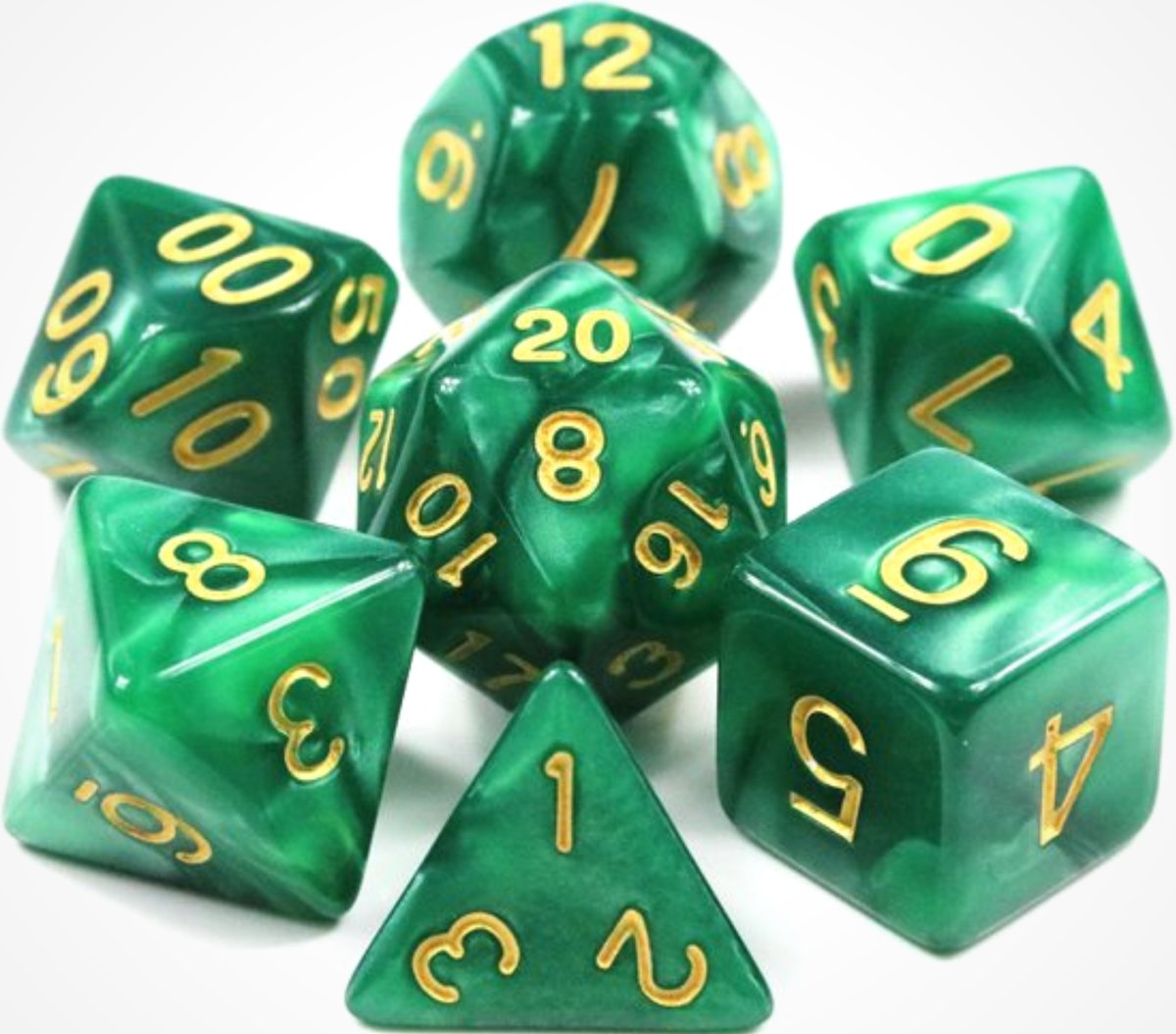 KELERINO. Dobbelstenen voor Dungeons & Dragons - Polydice - Marmer - 7 Delige Set - Groen / Goud