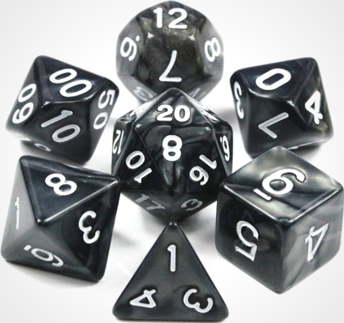 KELERINO. Dobbelstenen voor Dungeons & Dragons - Polydice - Marmer - 7 Delige Set - Zwart / Wit