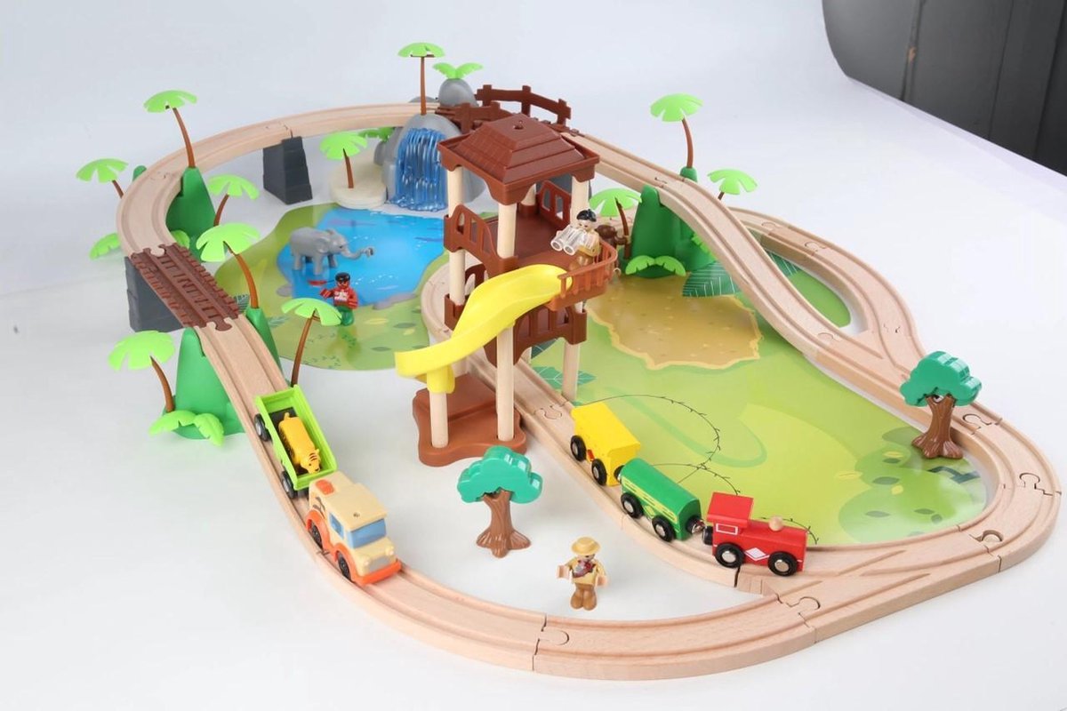 Houten treinbaan, jungle thema, trein set 107 delig