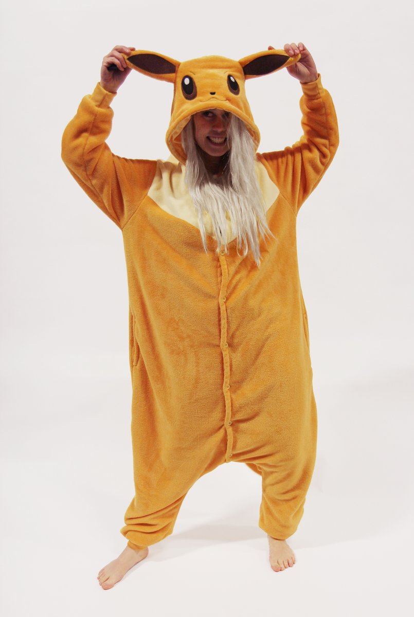 KIMU Onesie Eevee Pokemon pak kostuum lichtbruin - maat XL-XXL - Eeveepak jumpsuit huispak festival