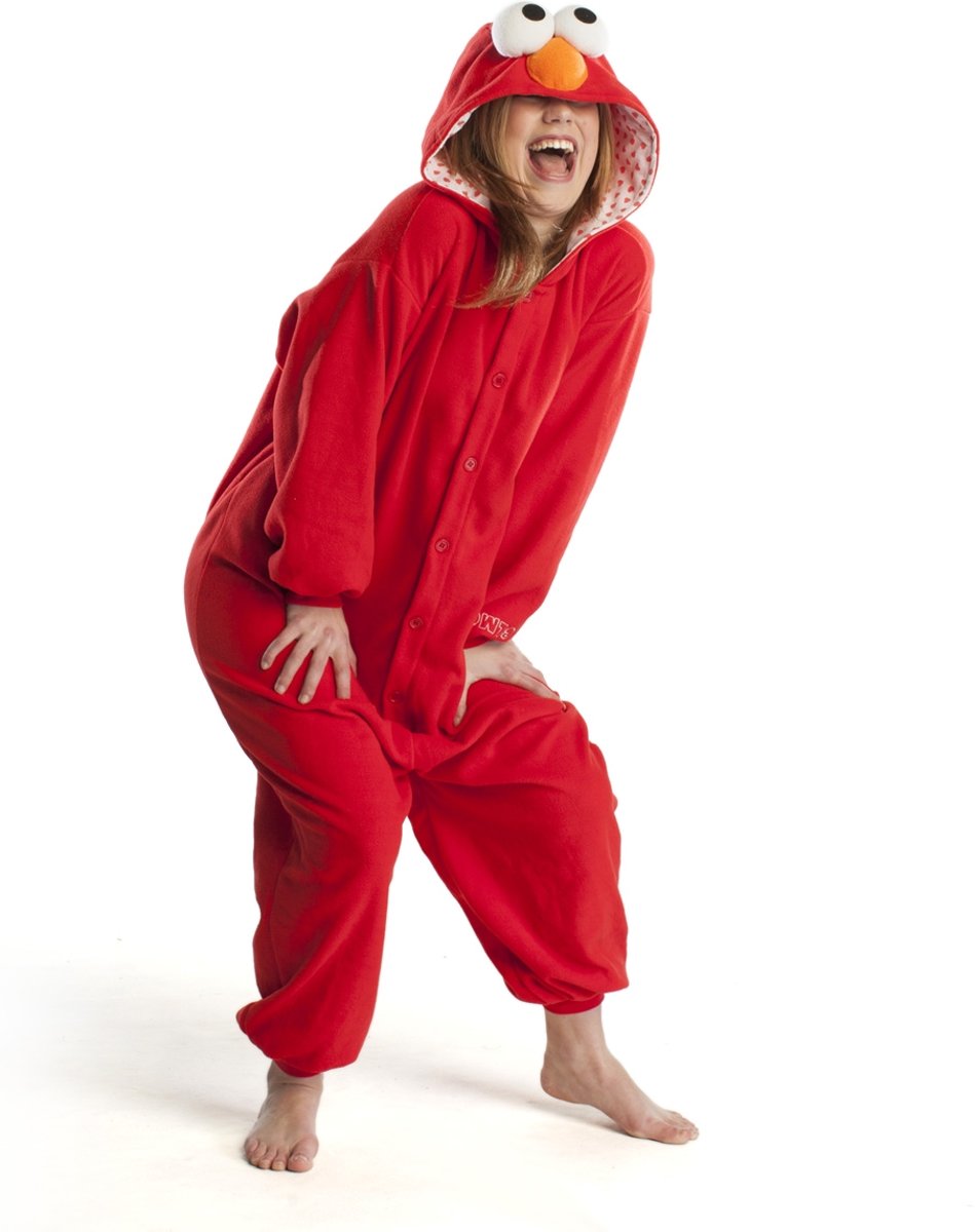 KIMU Onesie Elmo pak kostuum Sesamstraat - maat L-XL - rood Elmopak jumpsuit huispak festival