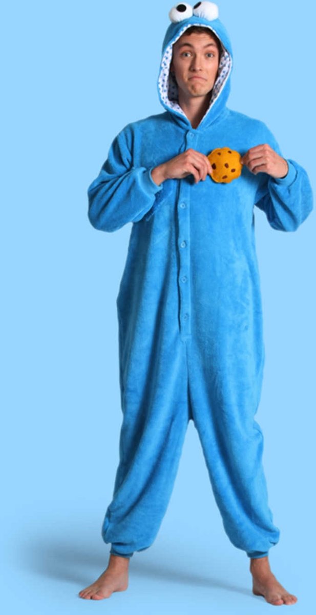 KIMU Onesie Koekiemonster pak kostuum Sesamstraat - maat L-XL - blauw Koekiemonsterpak jumpsuit huispak festival