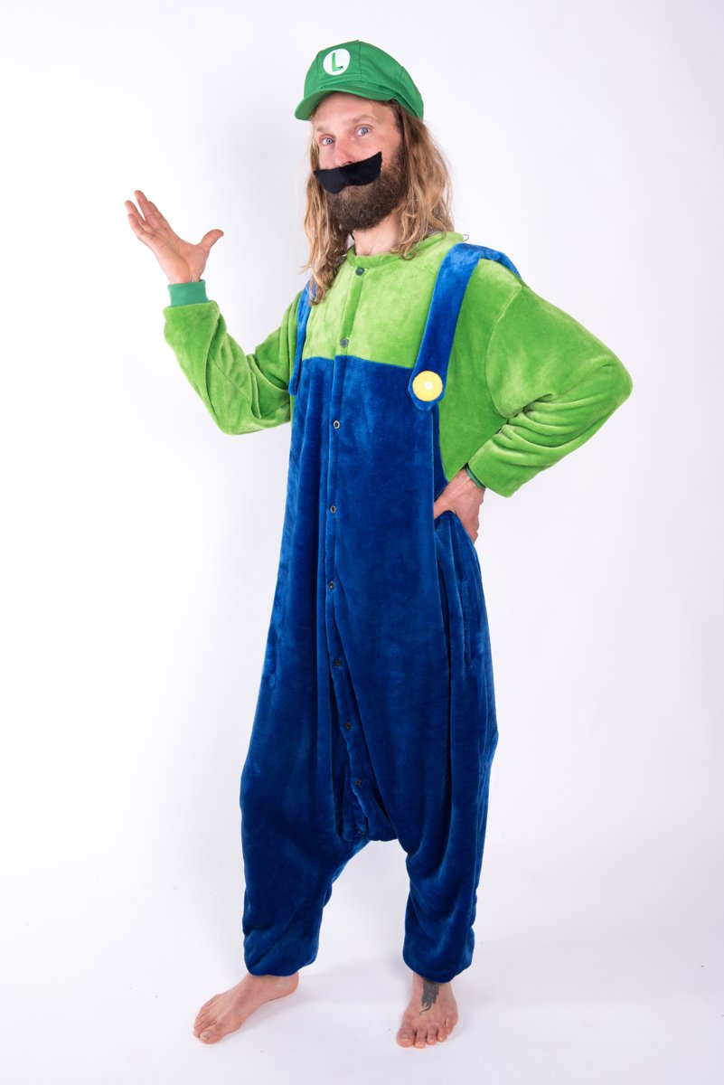 KIMU Onesie Luigi kinder pak met pet - maat 110-116 - Super Mario jumpsuit pyjama festival