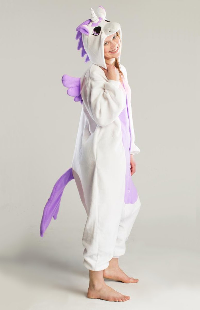 KIMU Onesie Pegasus eenhoorn pak wit paars unicorn kostuum - maat XL-XXL - eenhoornpak jumpsuit huispak festival