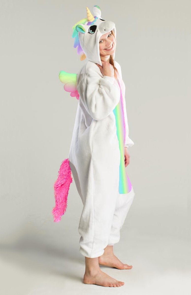 KIMU Onesie Pegasus eenhoorn pak wit regenboog unicorn kostuum - maat M-L - eenhoornpak jumpsuit huispak festival