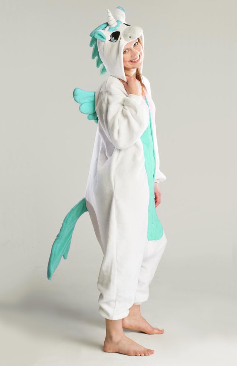 KIMU Onesie Pegasus eenhoorn pak wit turquoise unicorn kostuum - maat L-XL - eenhoornpak jumpsuit huispak festival