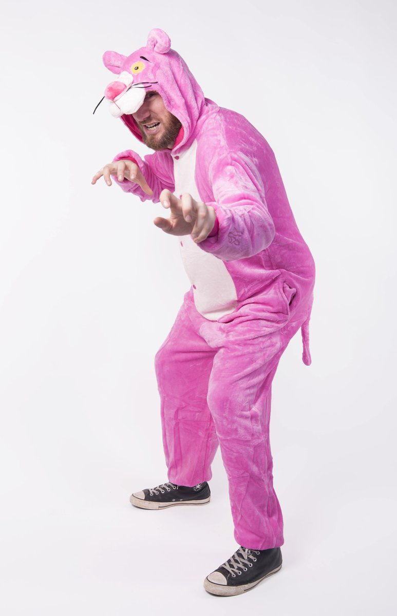 KIMU Onesie Pink Panther pak kostuum roze - maat L-XL - panter jumpsuit huispak festival