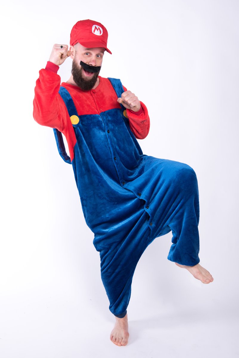 KIMU Onesie Super Mario kinder pak met pet - maat 110-116 - Nintendo jumpsuit pyjama festival