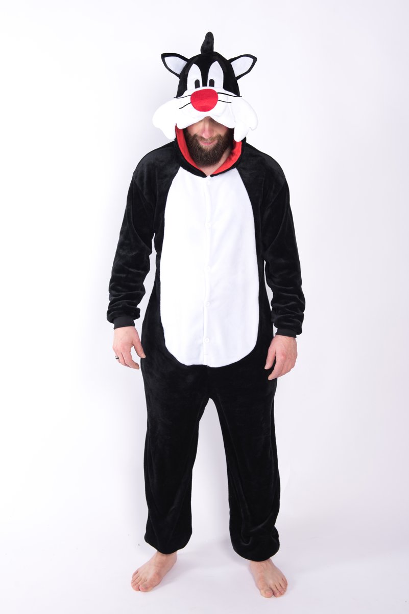 KIMU Onesie Sylvester pak Looney Tunes kostuum - maat XL-XXL - kat kattenpak jumpsuit huispak festival