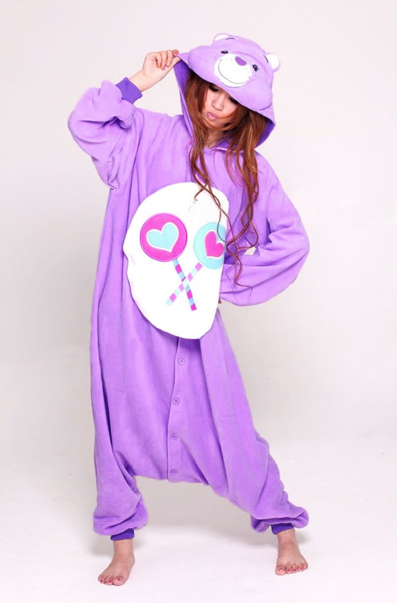 KIMU Onesie Troetelbeer Share Bear paars lollys kinder pak Troetelbeertjes - maat 110-116 - berenpak beer pyjama