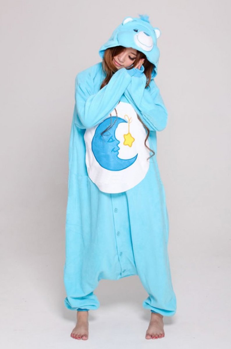 KIMU Onesie Troetelbeer blauw - maat 110-116 - Troetelbeertjes pak kostuum Bedtime maan ster kinder berenpak beer pyjama festival