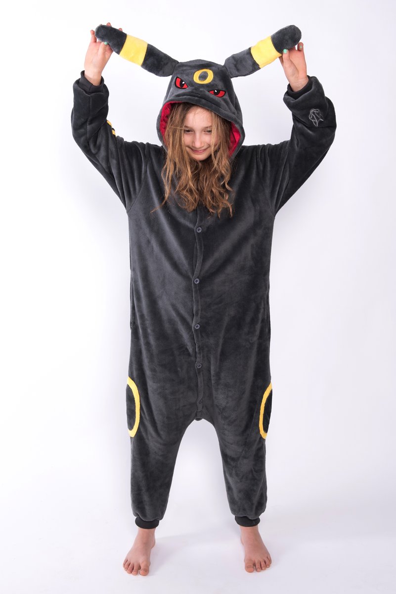 KIMU Onesie Umbreon Pokemon pak kostuum vos antraciet - maat S-M - Umbreonpak jumpsuit huispak festival