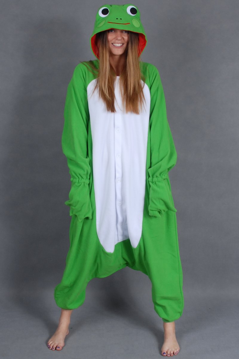 KIMU Onesie kikker kinder pak kostuum groen - maat 110-116 - kikkerpak jumpsuit pyjama festival