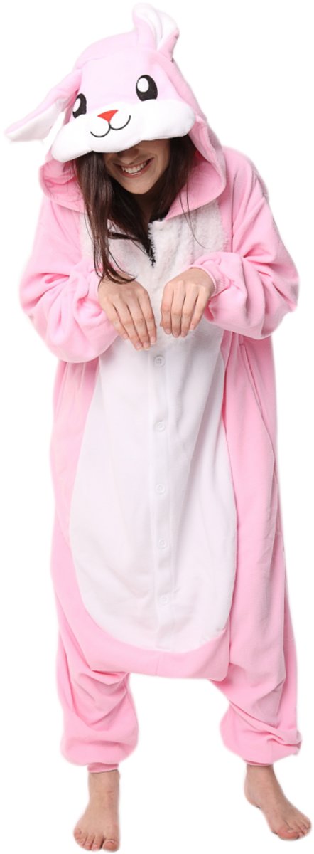 KIMU Onesie konijn pak roze haas kostuum - maat XL-XXL - konijnenpak jumpsuit huispak festival