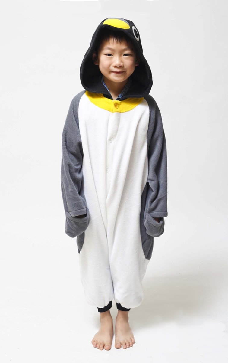 KIMU Onesie pinguin kinder pak grijs kostuum - maat 110-116 - pinguinpak jumpsuit pyjama festival