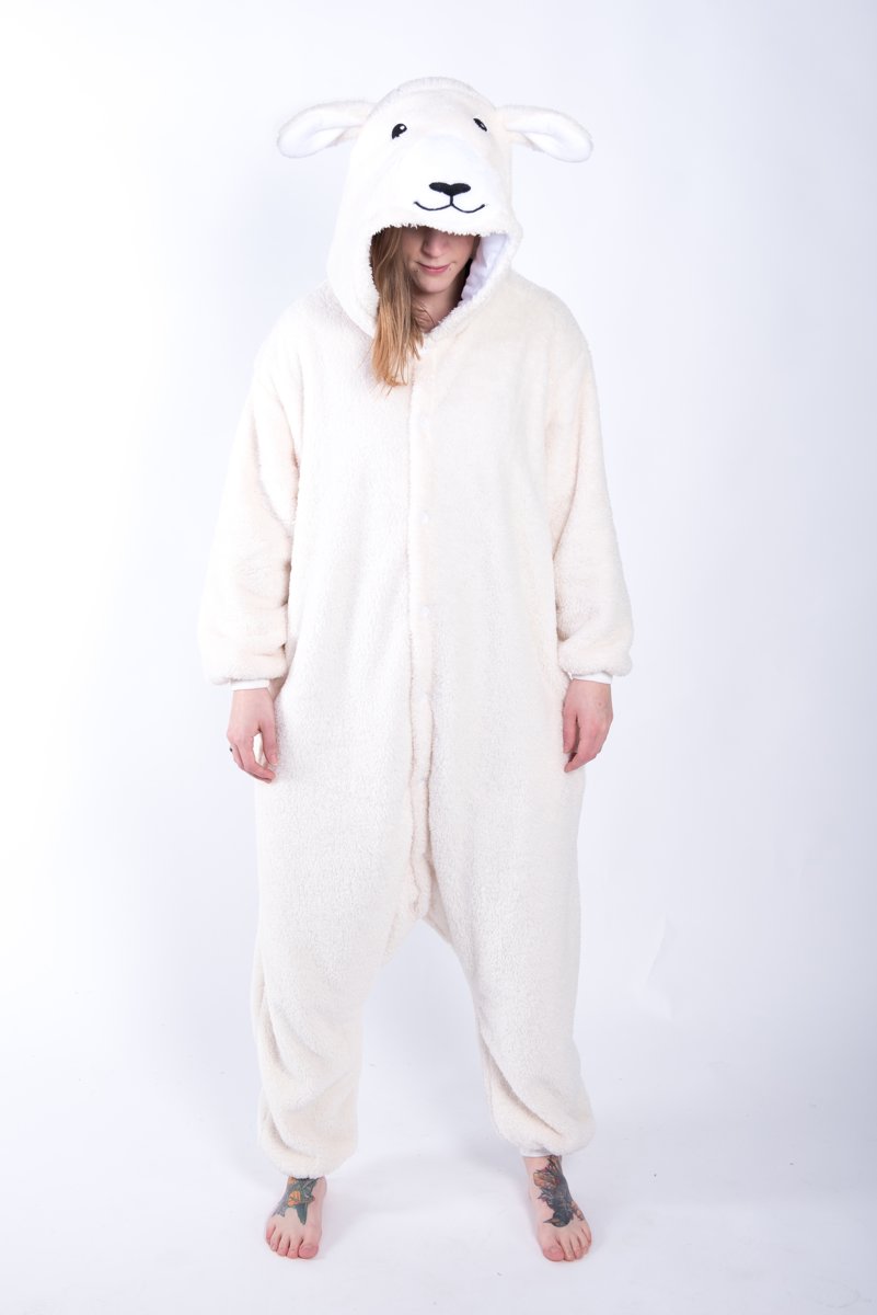 KIMU Onesie schaap pak lammetje kostuum - maat XL-XXL - schapenpak jumpsuit huispak festival