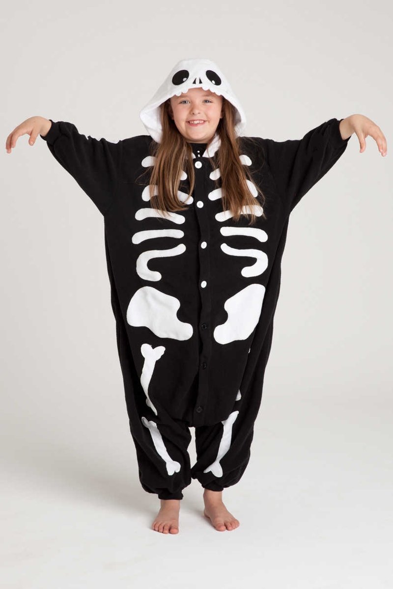 KIMU Onesie skelet kinder pak botten kostuum halloween - maat 110-116 - skeletpak jumpsuit pyjama festival