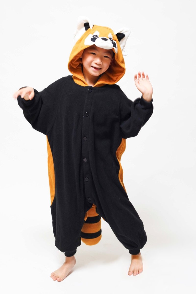 KIMU Onesie wasbeer kinder pak rode panda - maat 146-152 - wasbeerpak jumpsuit pyjama festival