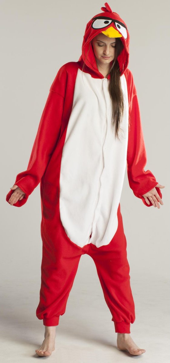 KIMU onesie Angry Bird pak Red kostuum rood vogel - maat M-L - Angrybirds pak vogelpak jumpsuit huispak festival