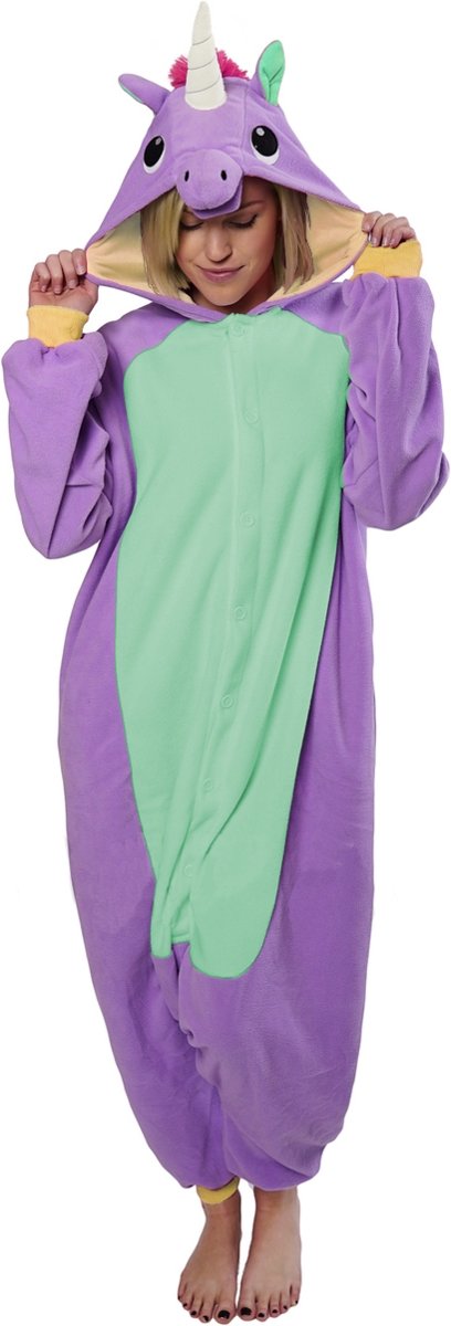 KIMU onesie Eenhoorn Unicorn paars pak kostuum - maat L-XL - jumpsuit huispak