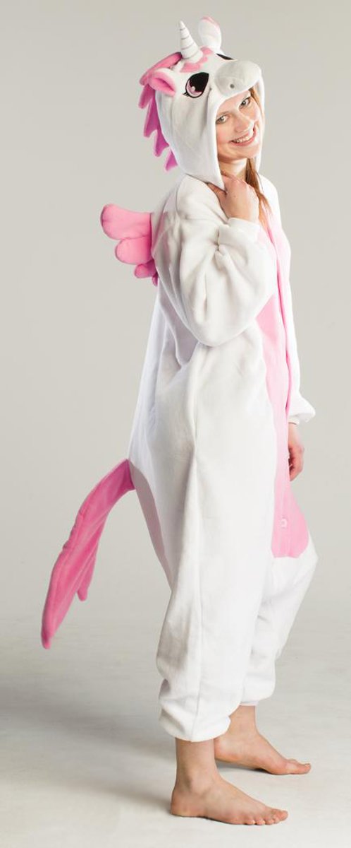 KIMU onesie Pegasus Eenhoorn Unicorn wit roze pak kostuum - maat M-L - jumpsuit huispak