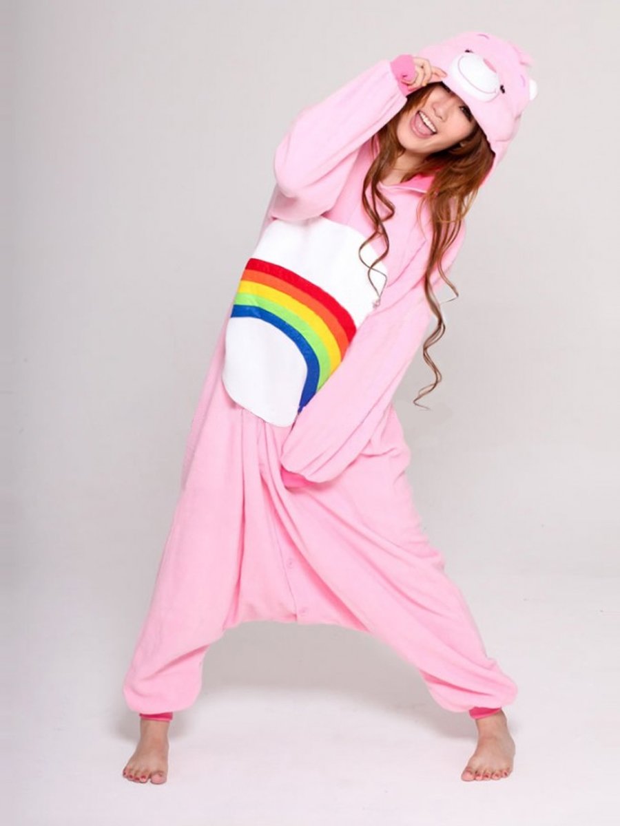 KIMU onesie Troetelbeer Cheer Bear roze regenboog kinder pak Troetelbeertjes - maat 128-134 - berenpak beer pyama