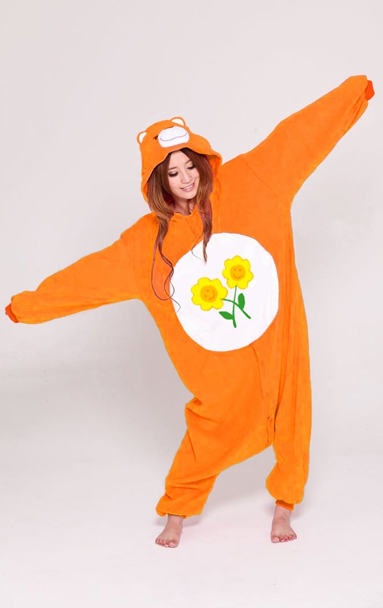 KIMU onesie Troetelbeer Friend Bear oranje bloemen kinder pak Troetelbeertjes - maat 128-134 - berenpak beer pyama