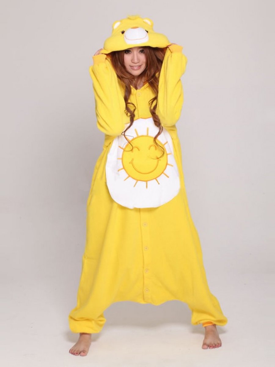 KIMU onesie Troetelbeer Funshine Bear geel zon kinder pak Troetelbeertjes - maat 128-134 - berenpak beer pyama